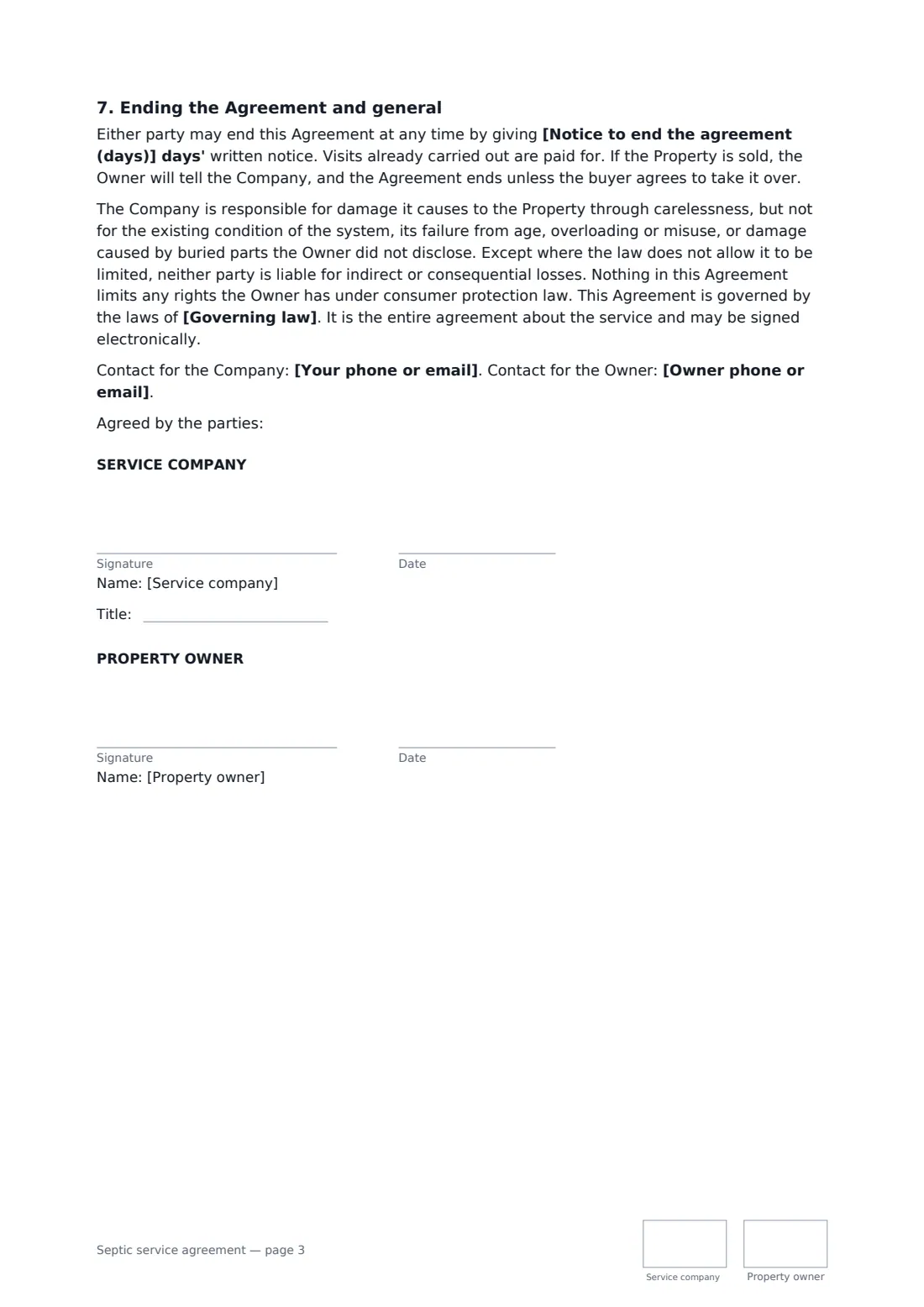 Septic service agreement — page 3 of 3