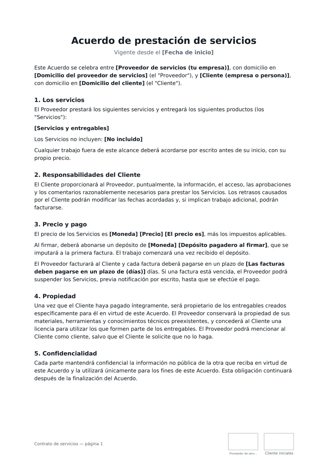Contrato de servicios: página 1 de 2