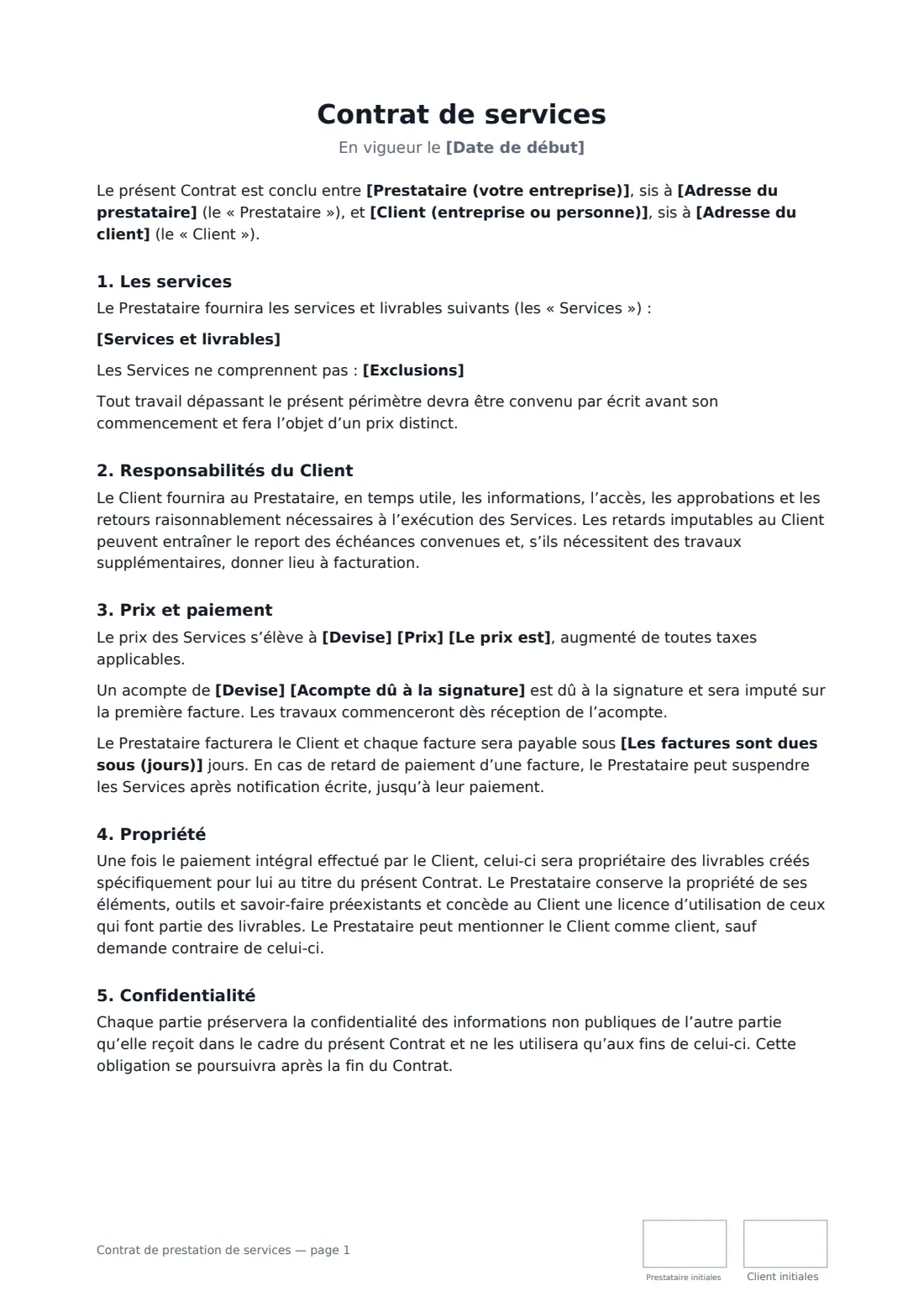 Contrat de prestation de services — page 1 sur 2