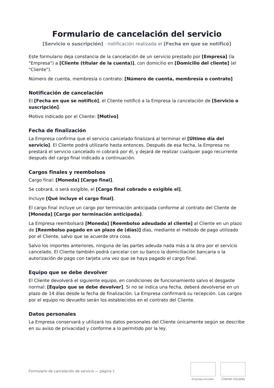 Formulario de cancelación de servicio: página 1 de 2