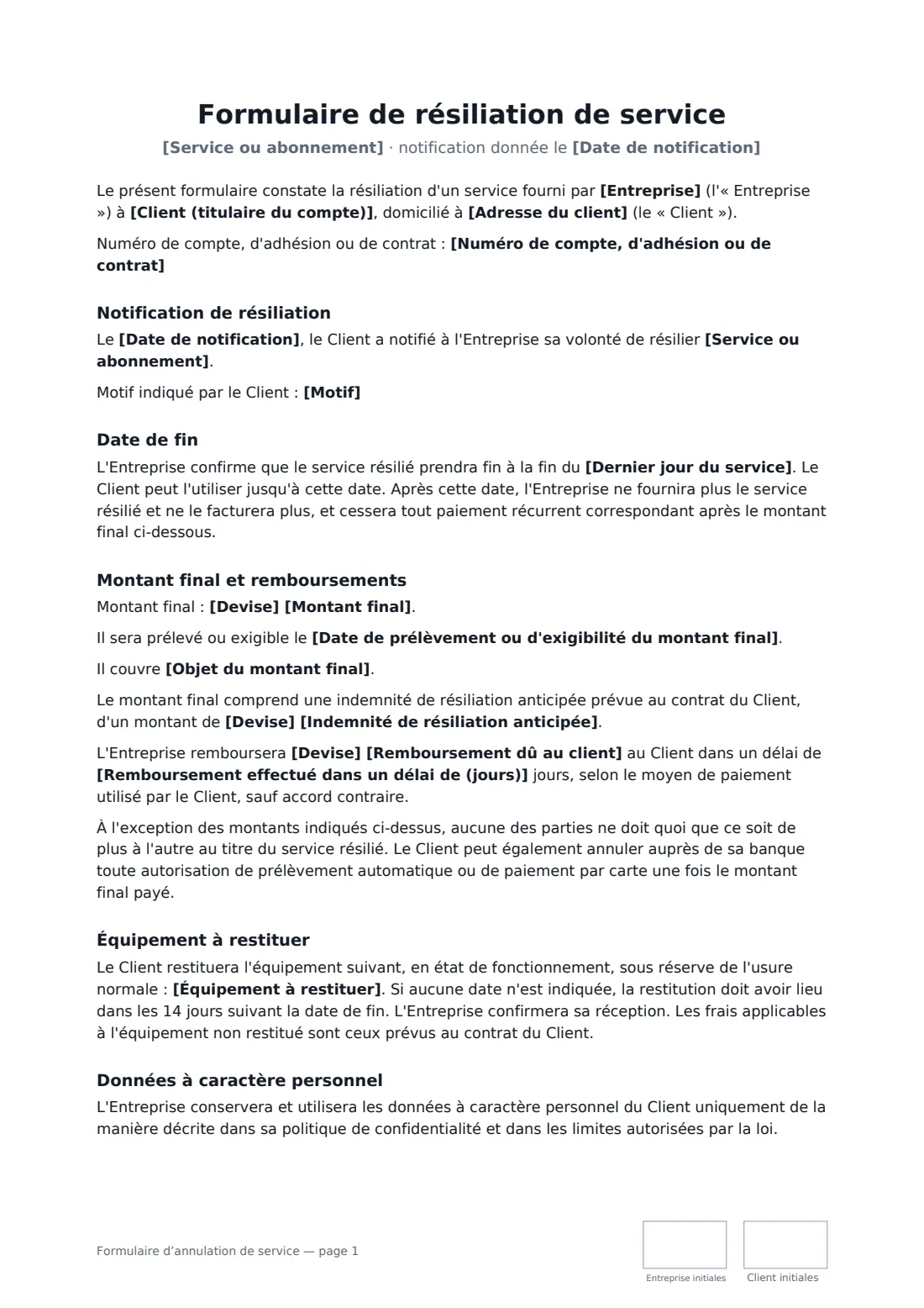 Formulaire d’annulation de service — page 1 sur 2