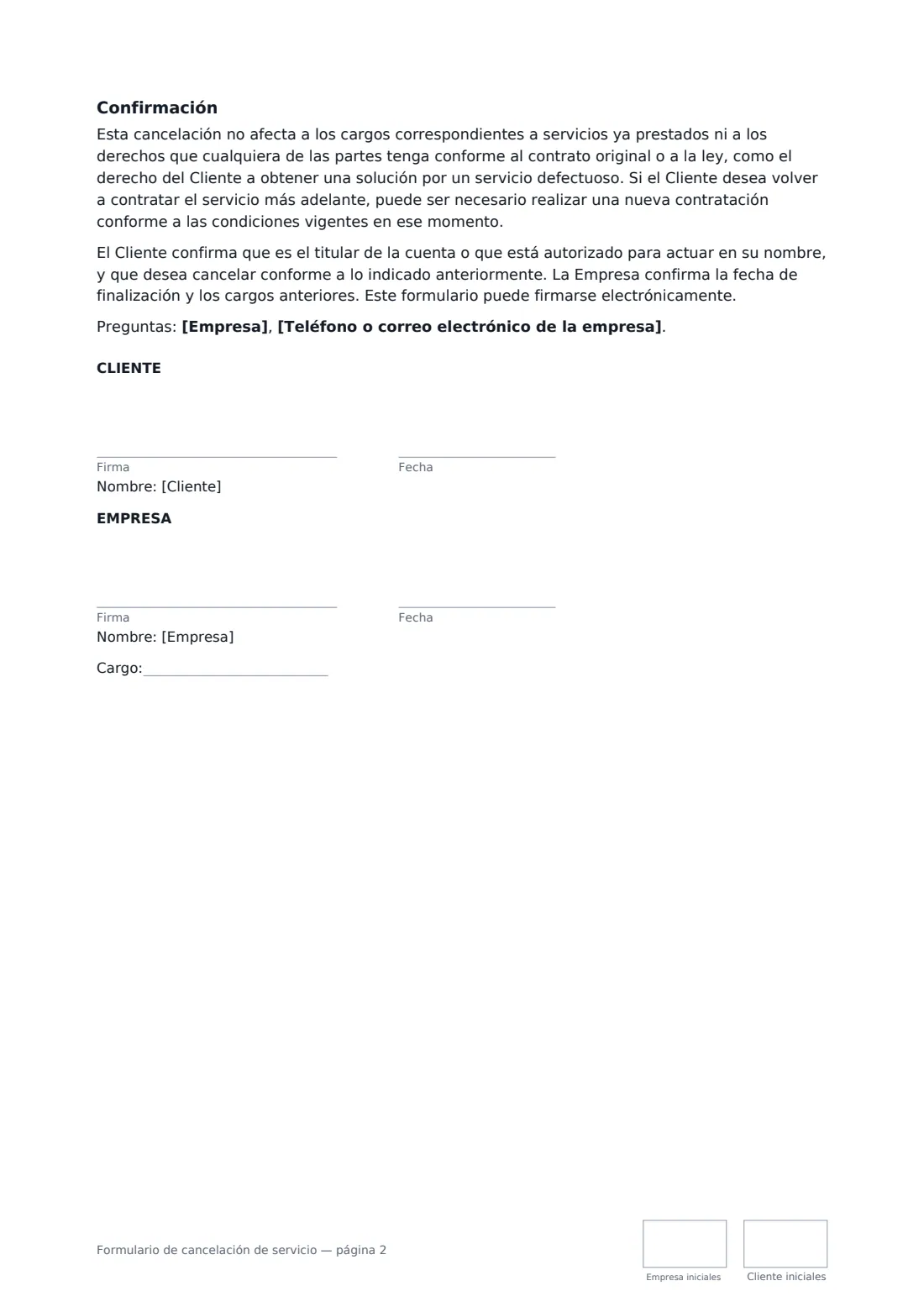 Formulario de cancelación de servicio: página 2 de 2