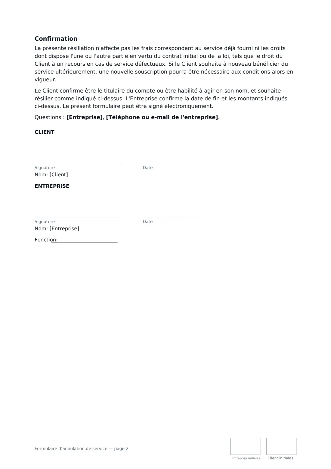 Formulaire d’annulation de service — page 2 sur 2