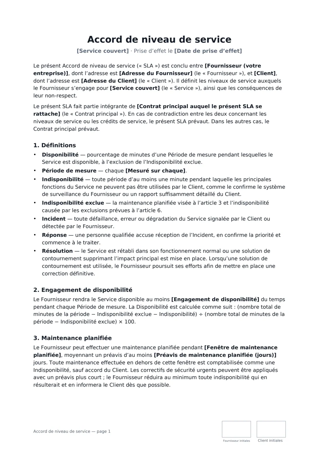 Accord de niveau de service — page 1 sur 4