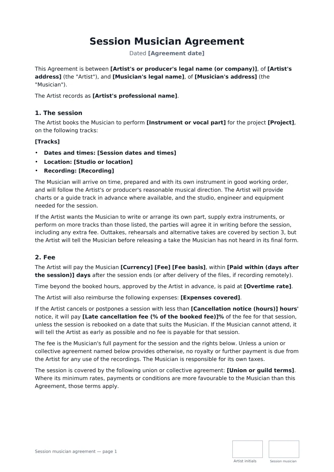 Session musician agreement — page 1 of 3