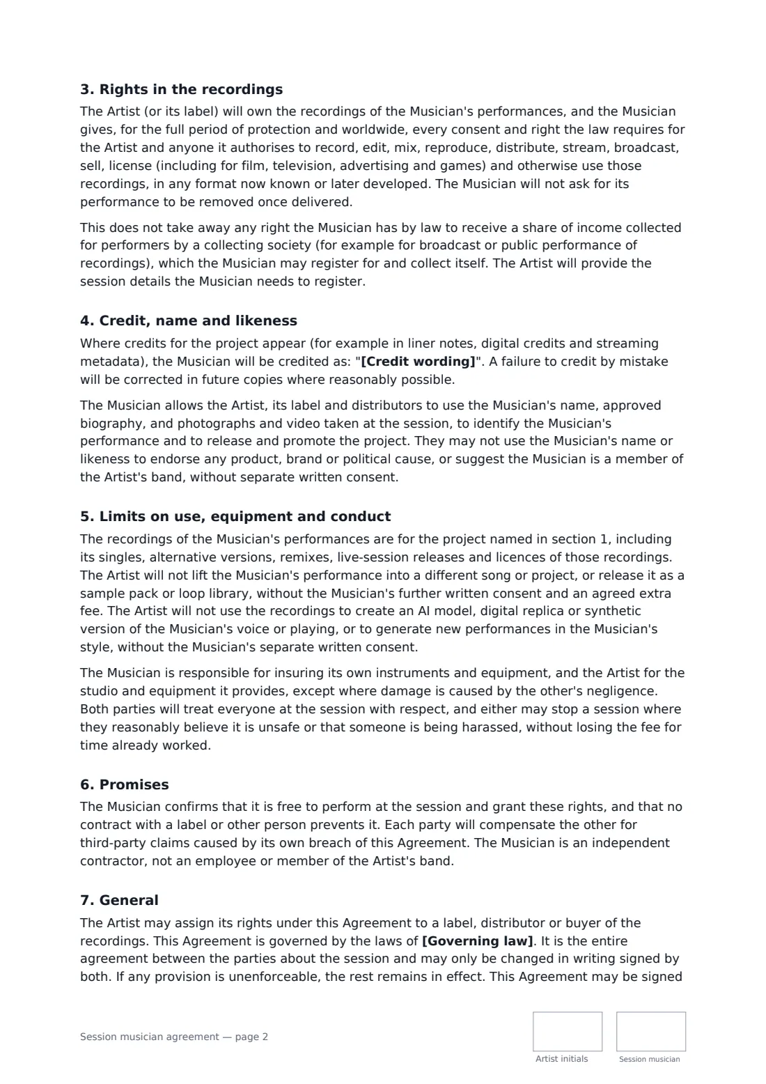 Session musician agreement — page 2 of 3