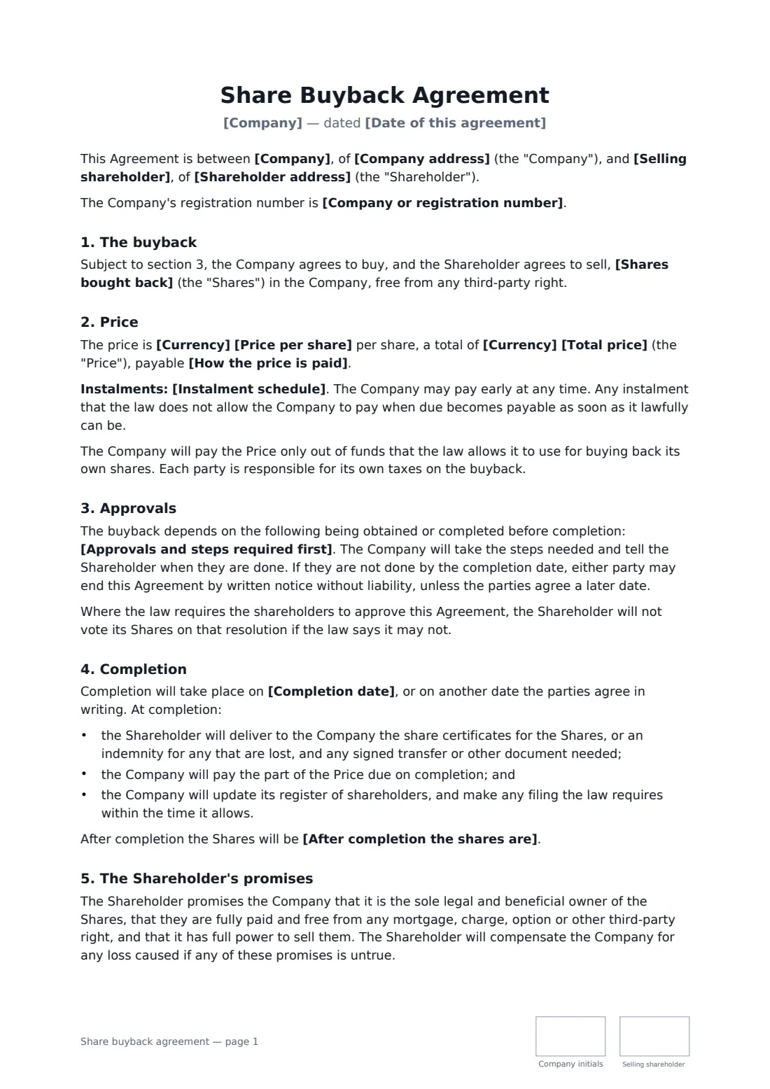 Share buyback agreement — page 1 of 2