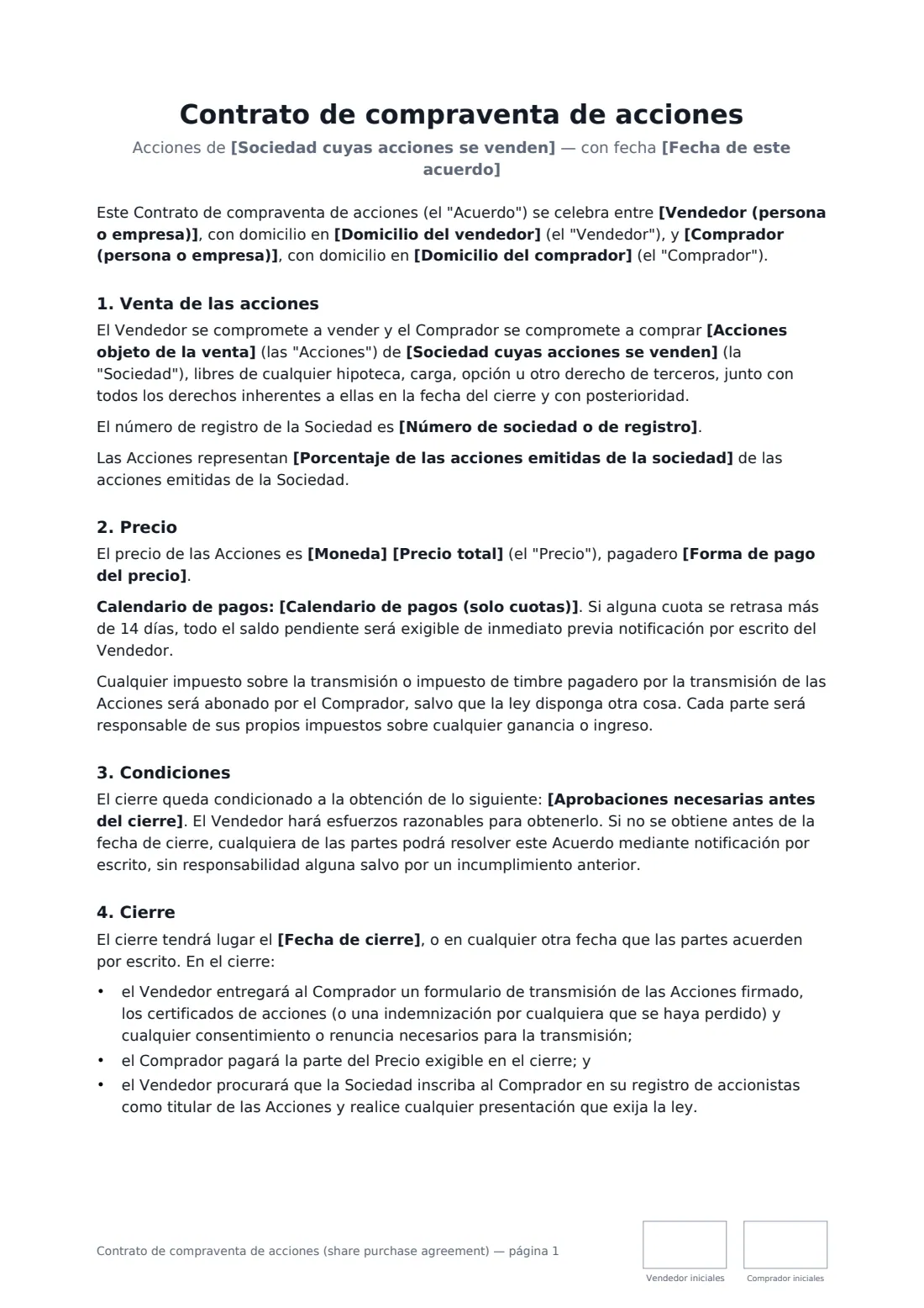 Contrato de compraventa de acciones (share purchase agreement): página 1 de 3