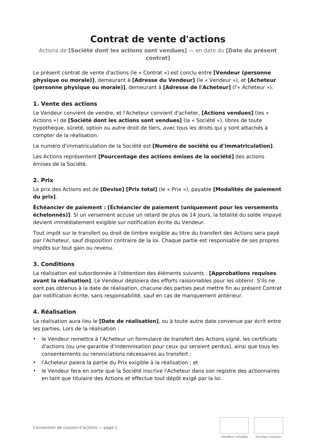 Convention de cession d'actions — page 1 sur 3