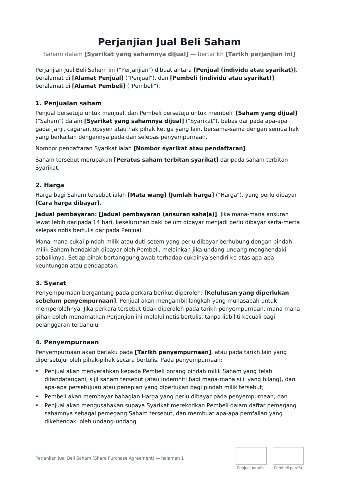 Perjanjian Jual Beli Saham (Share Purchase Agreement) — halaman 1 daripada 3