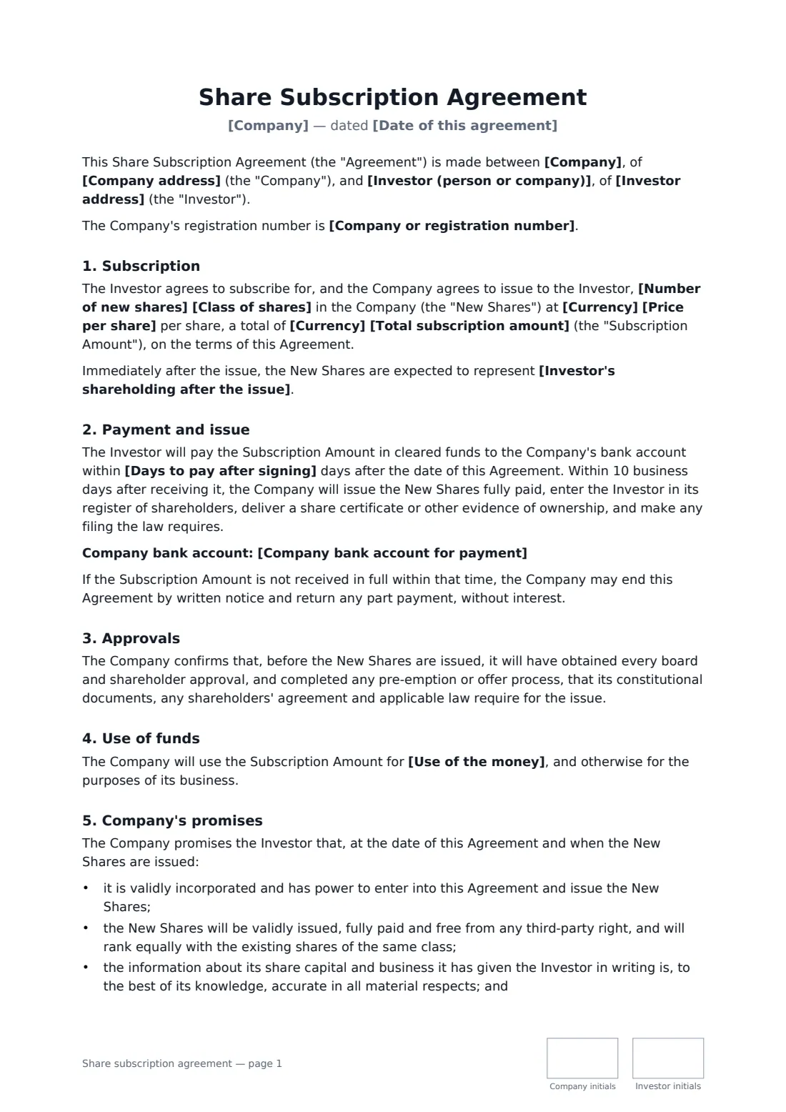 Share subscription agreement — page 1 of 2