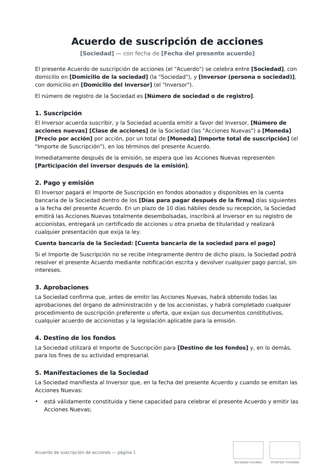 Acuerdo de suscripción de acciones: página 1 de 3