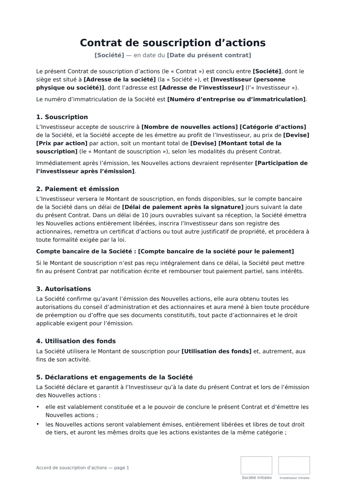 Accord de souscription d’actions — page 1 sur 3