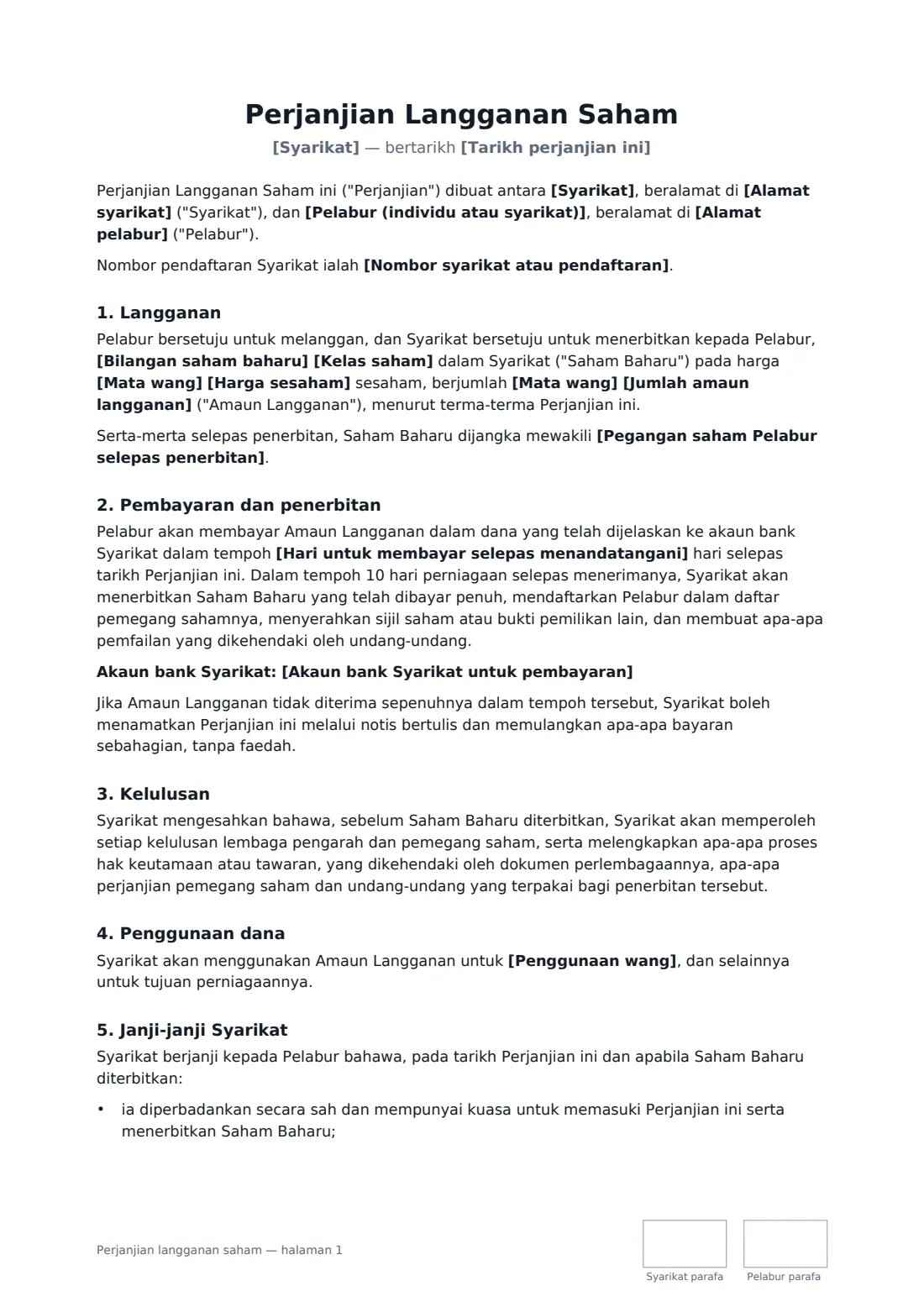 Perjanjian langganan saham — halaman 1 daripada 3