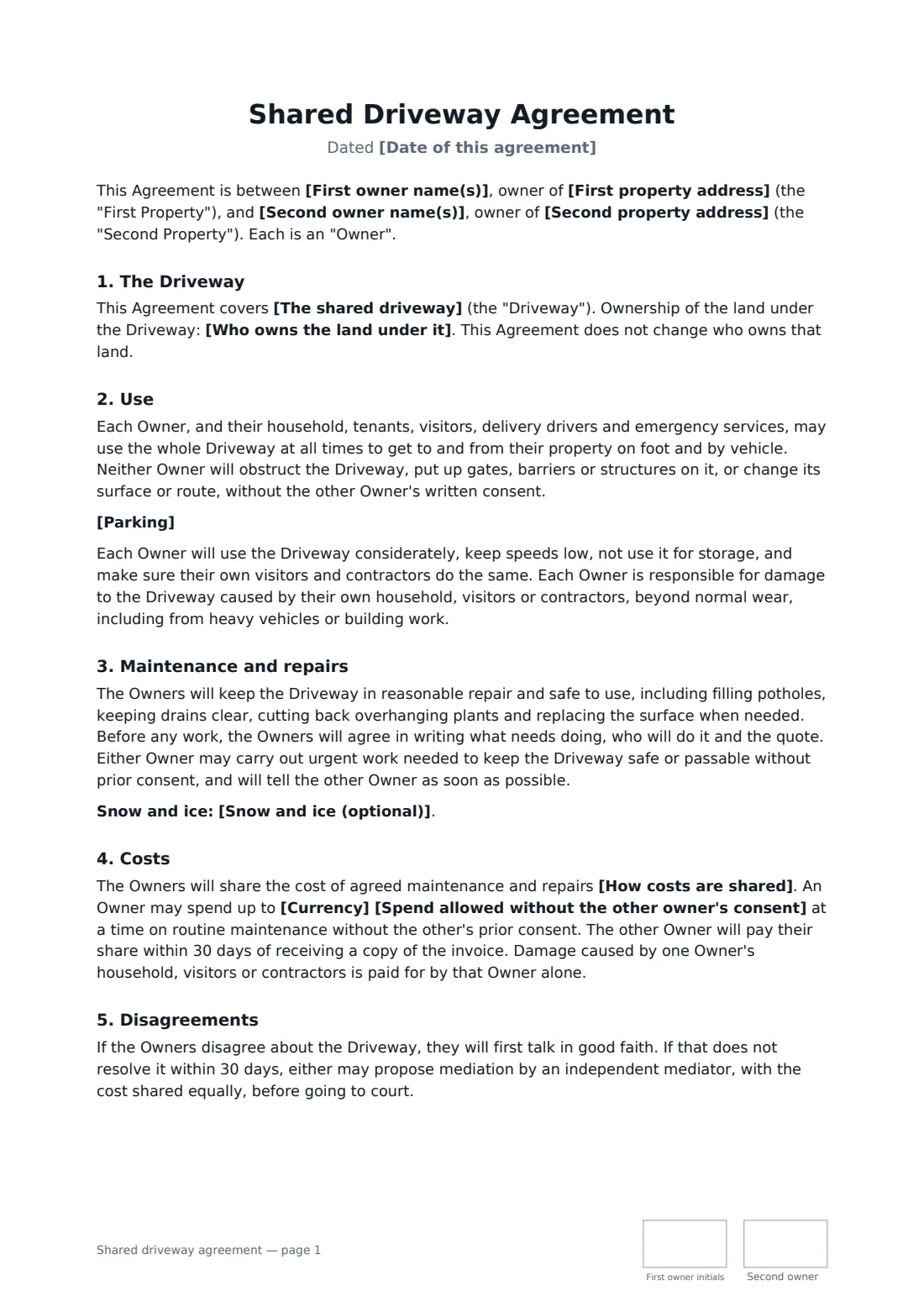 Shared driveway agreement — page 1 of 2