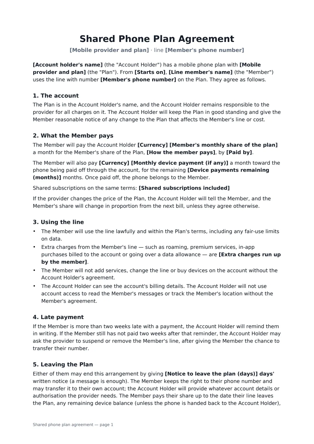Shared phone plan agreement — page 1 of 2