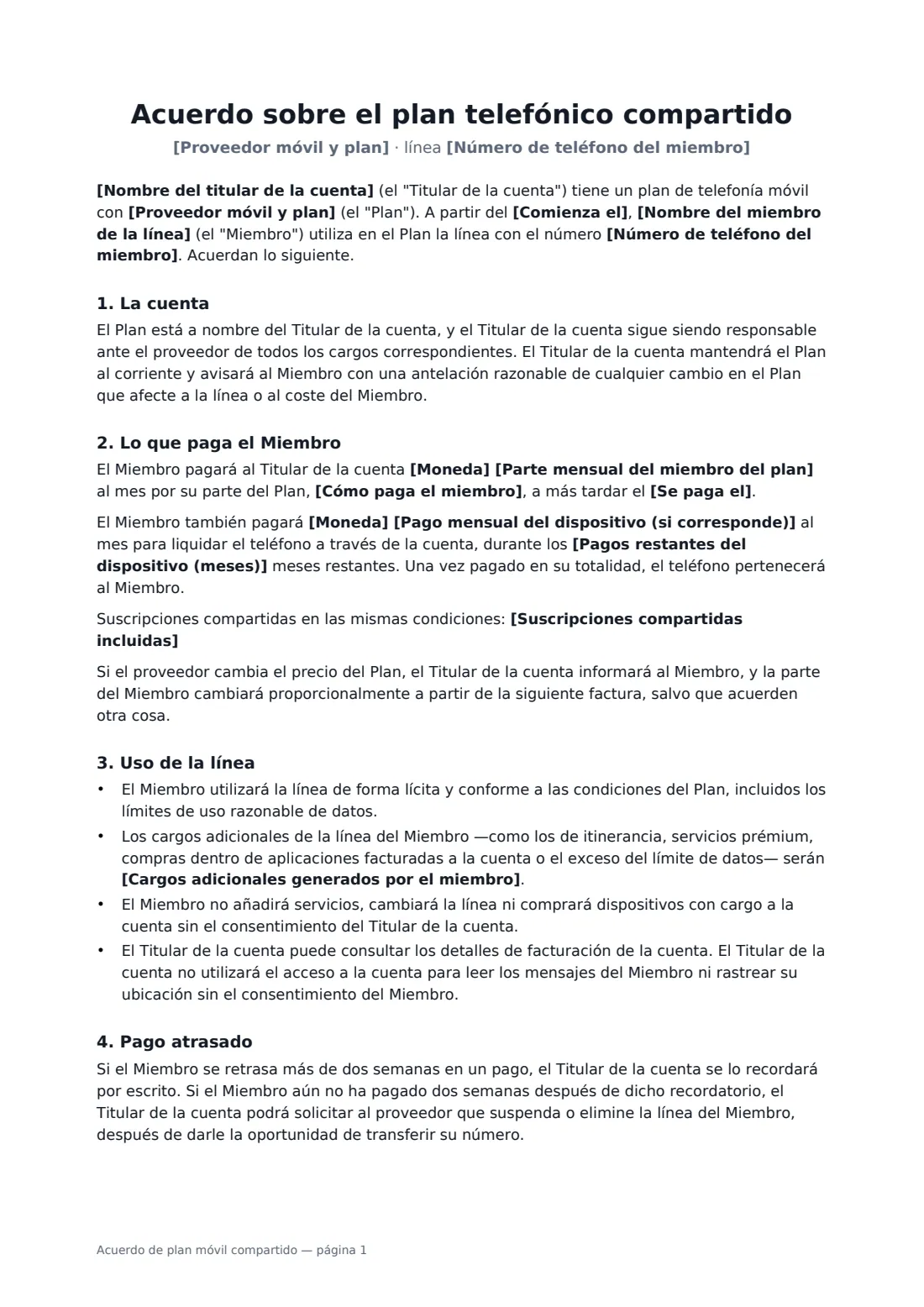 Acuerdo de plan móvil compartido: página 1 de 2