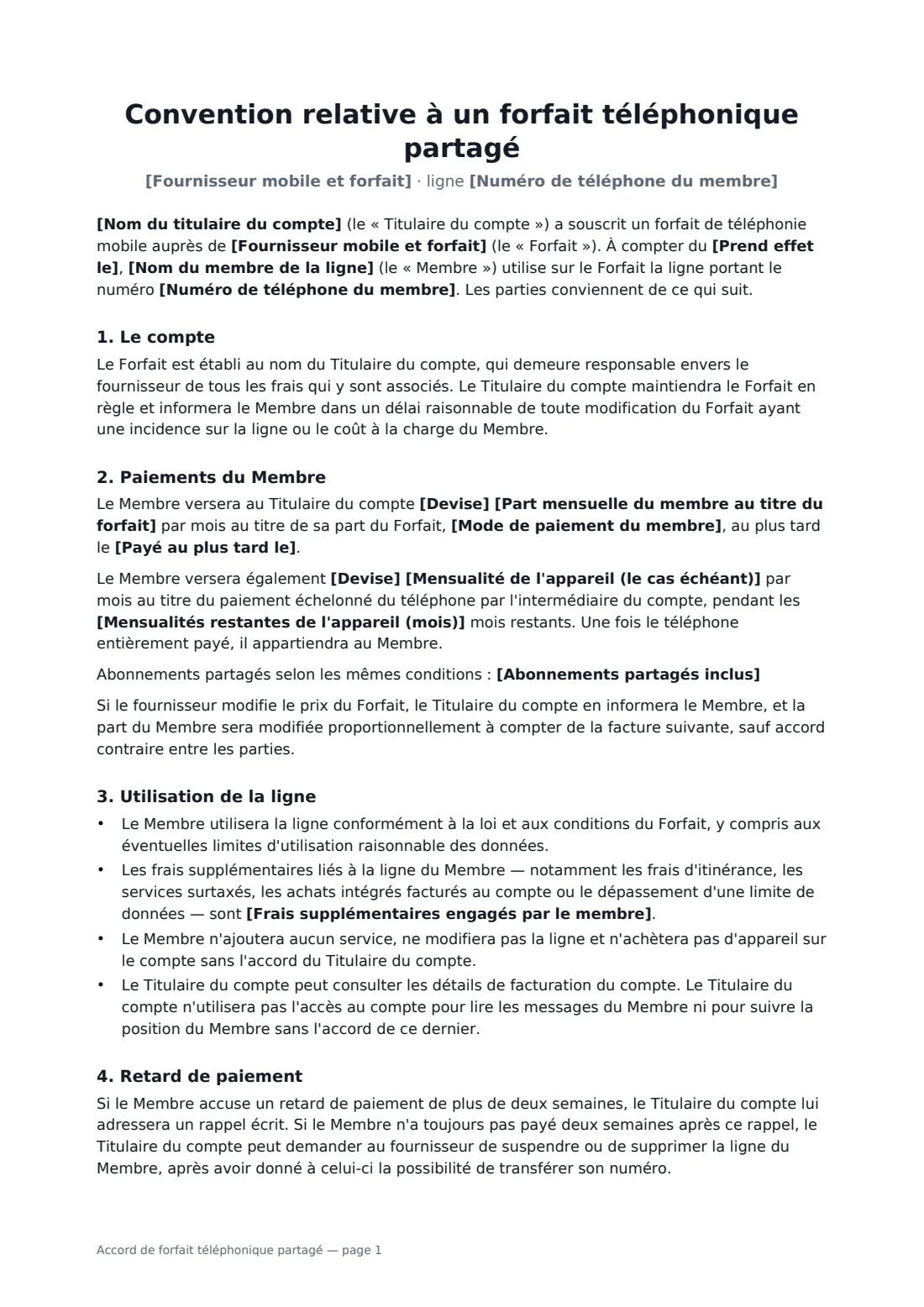 Accord de forfait téléphonique partagé — page 1 sur 2