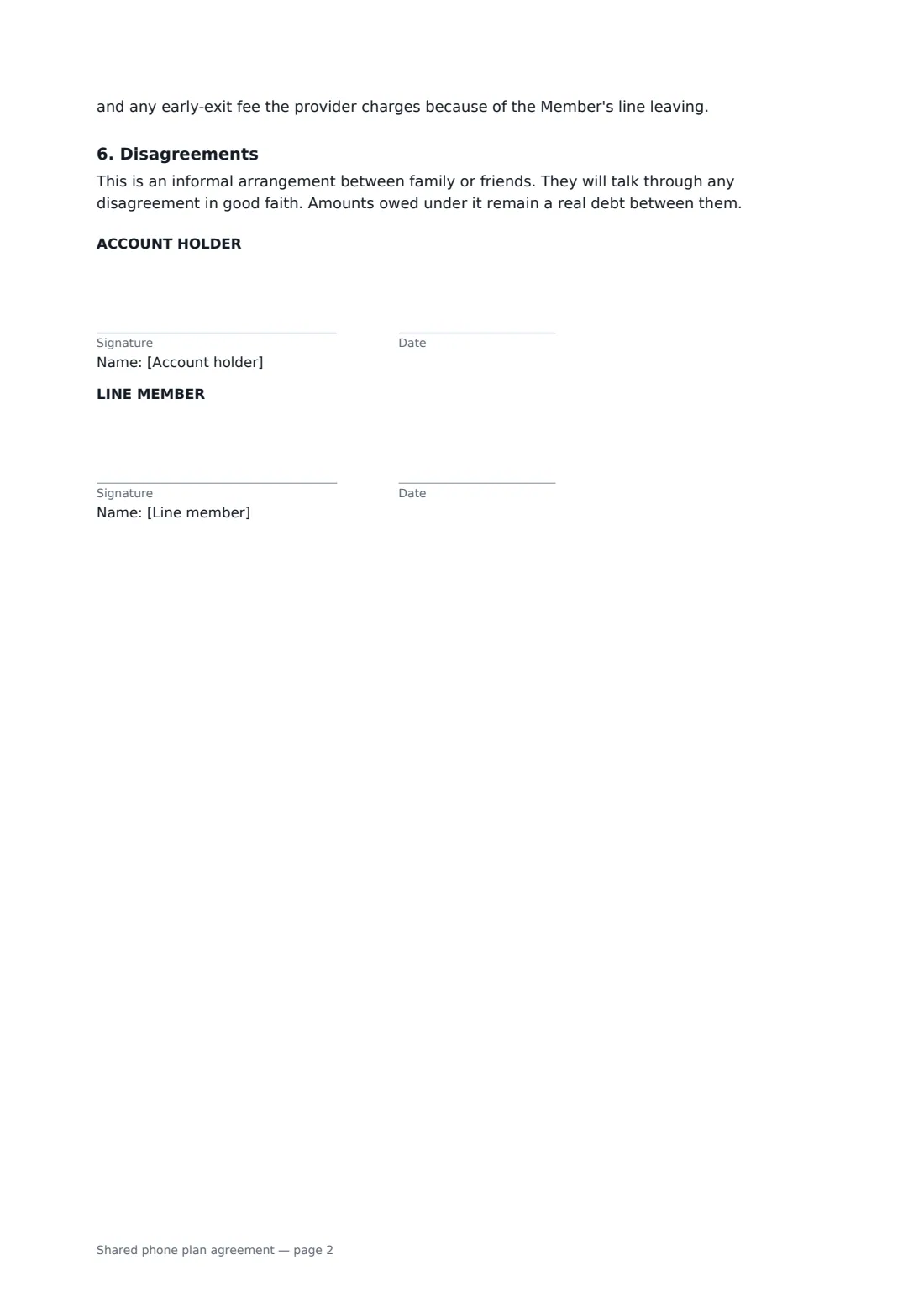 Shared phone plan agreement — page 2 of 2