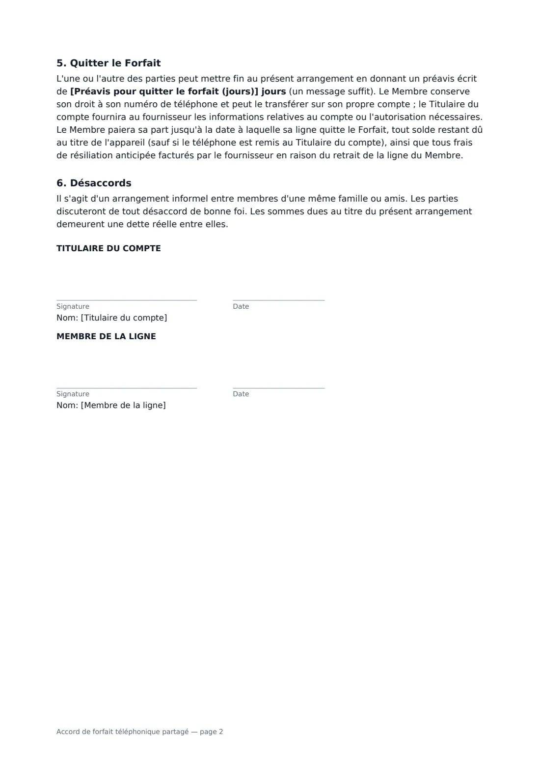 Accord de forfait téléphonique partagé — page 2 sur 2