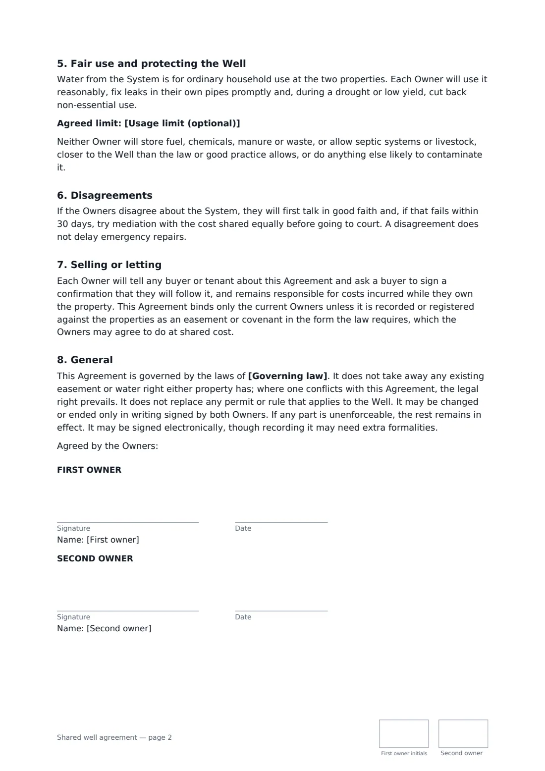 Shared well agreement — page 2 of 2