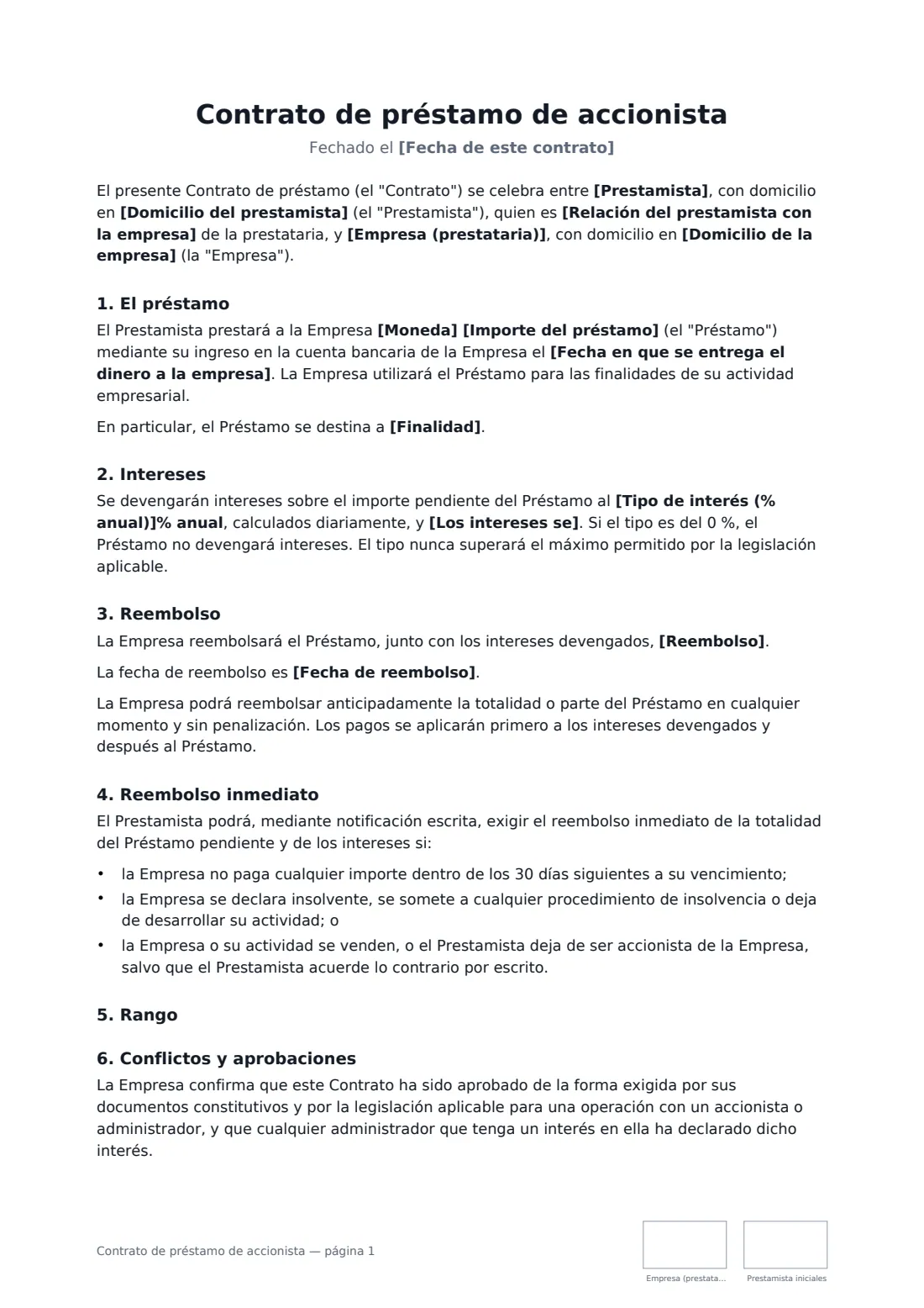 Contrato de préstamo de accionista: página 1 de 2