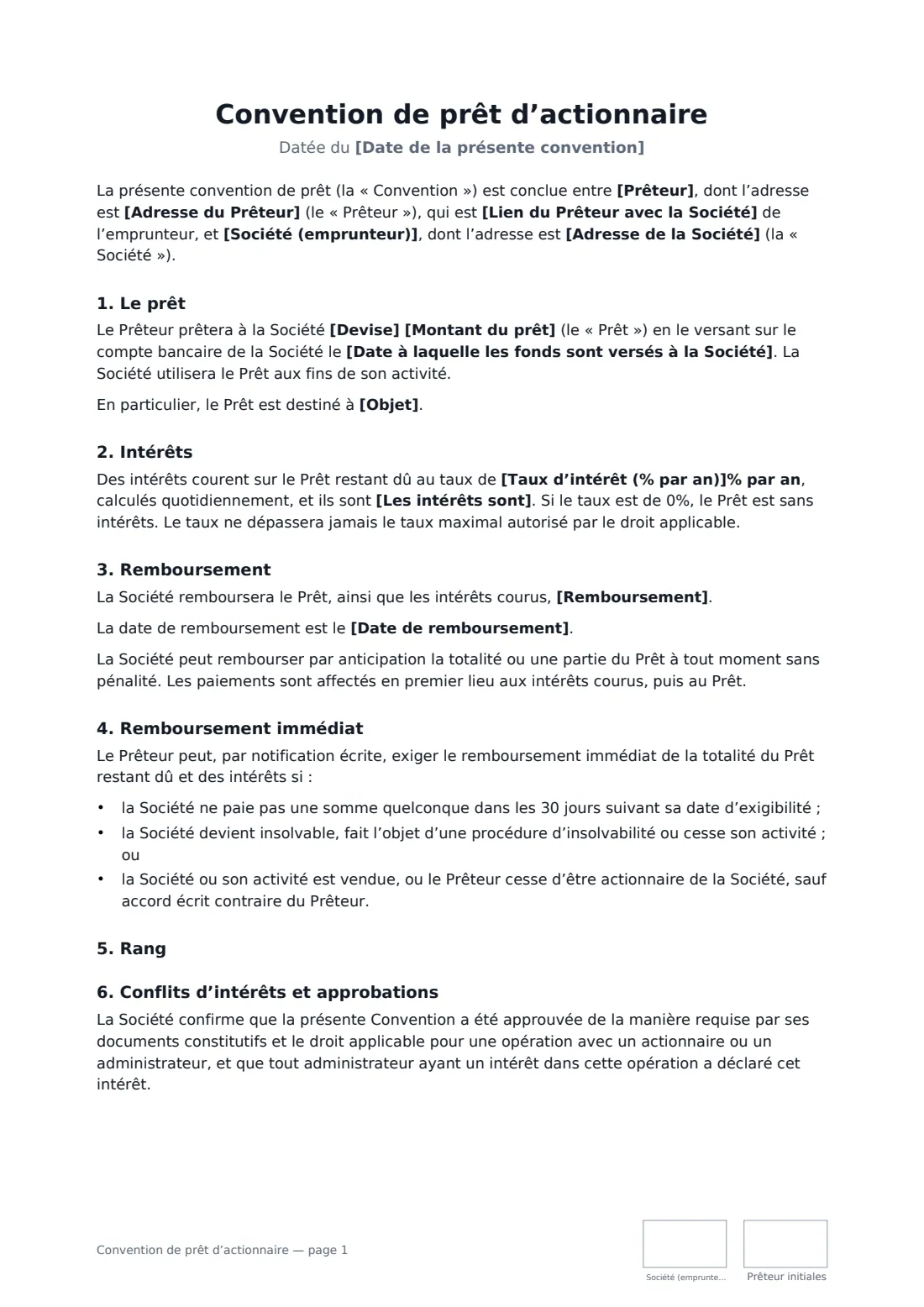 Convention de prêt d’actionnaire — page 1 sur 2