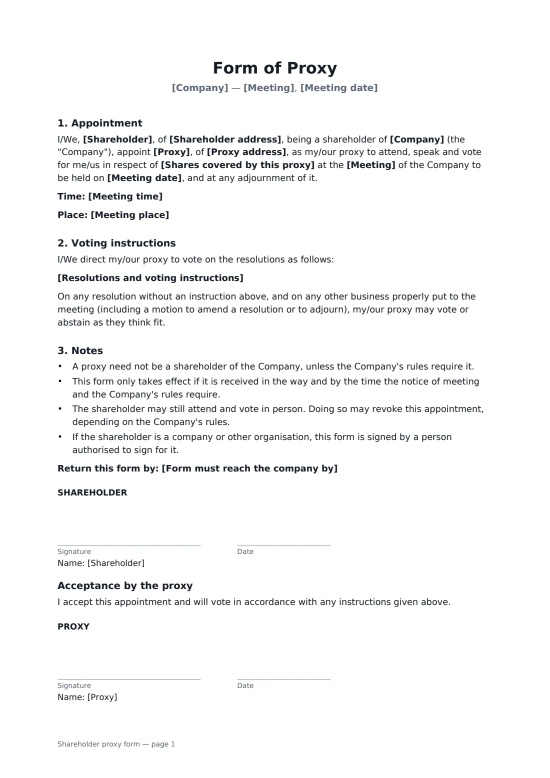 Shareholder proxy form — page 1 of 1