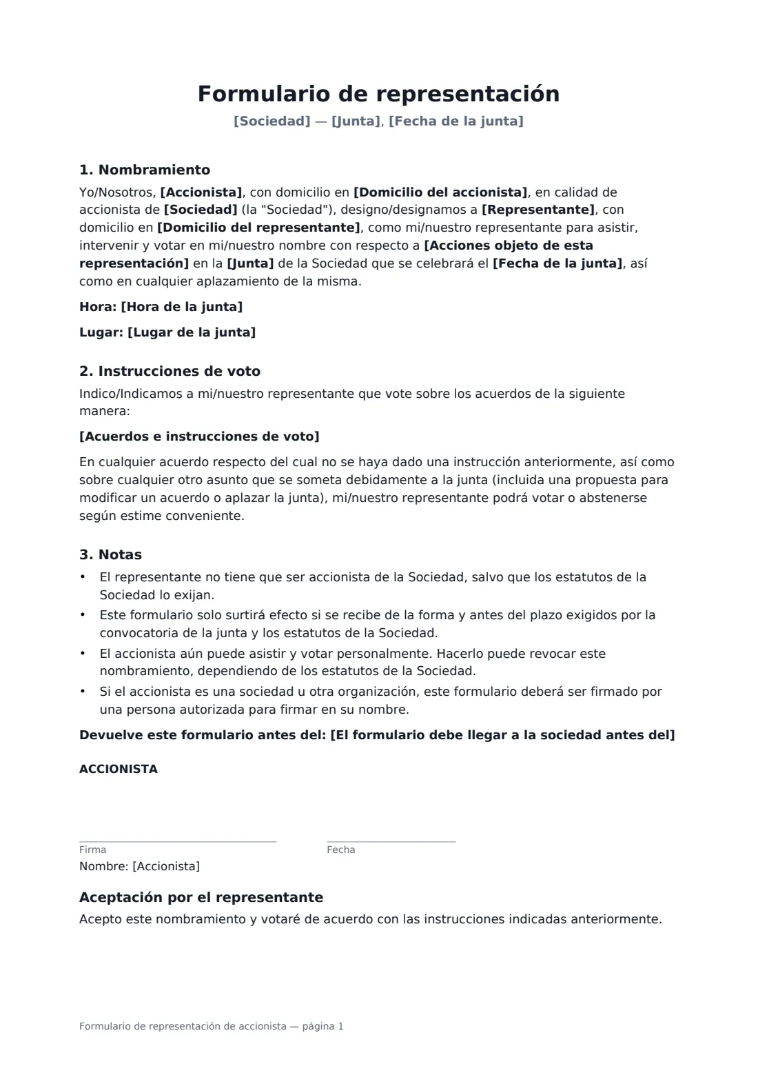 Formulario de representación de accionista: página 1 de 2