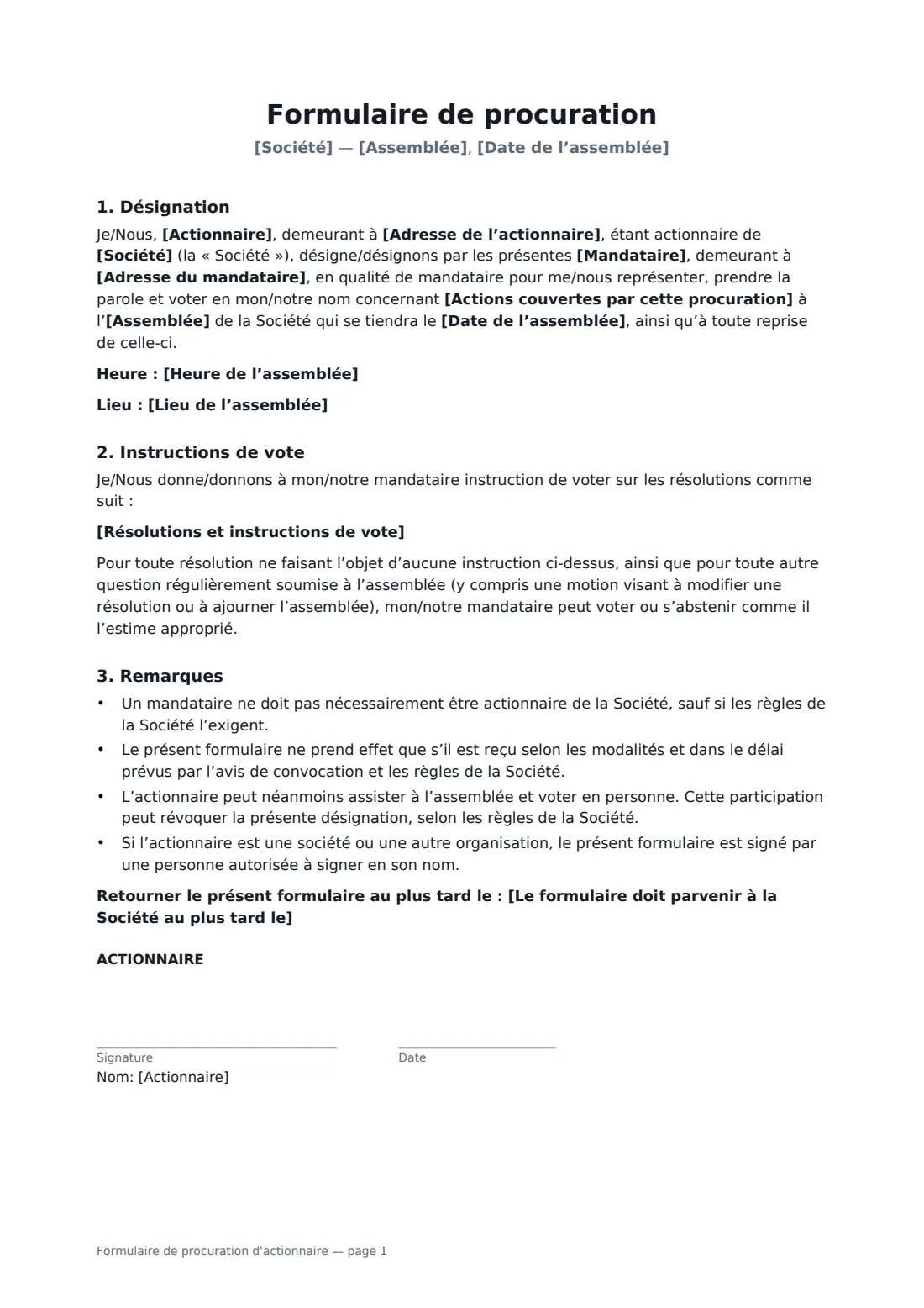 Formulaire de procuration d'actionnaire — page 1 sur 2