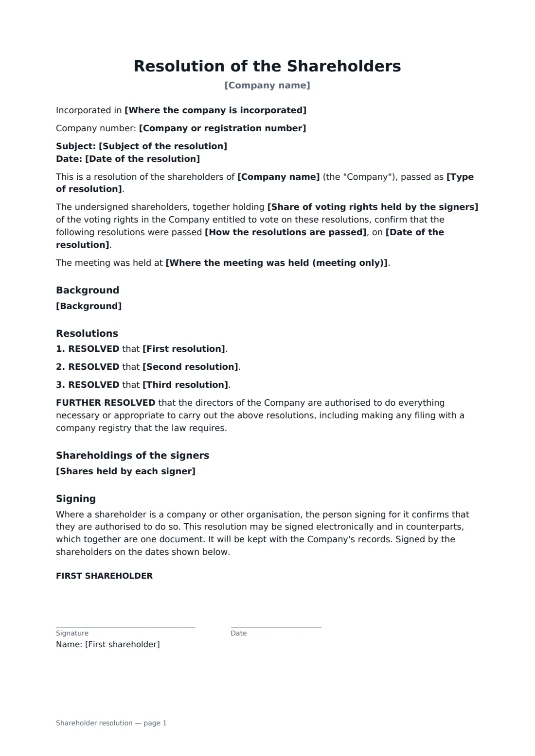 Shareholder resolution — page 1 of 2