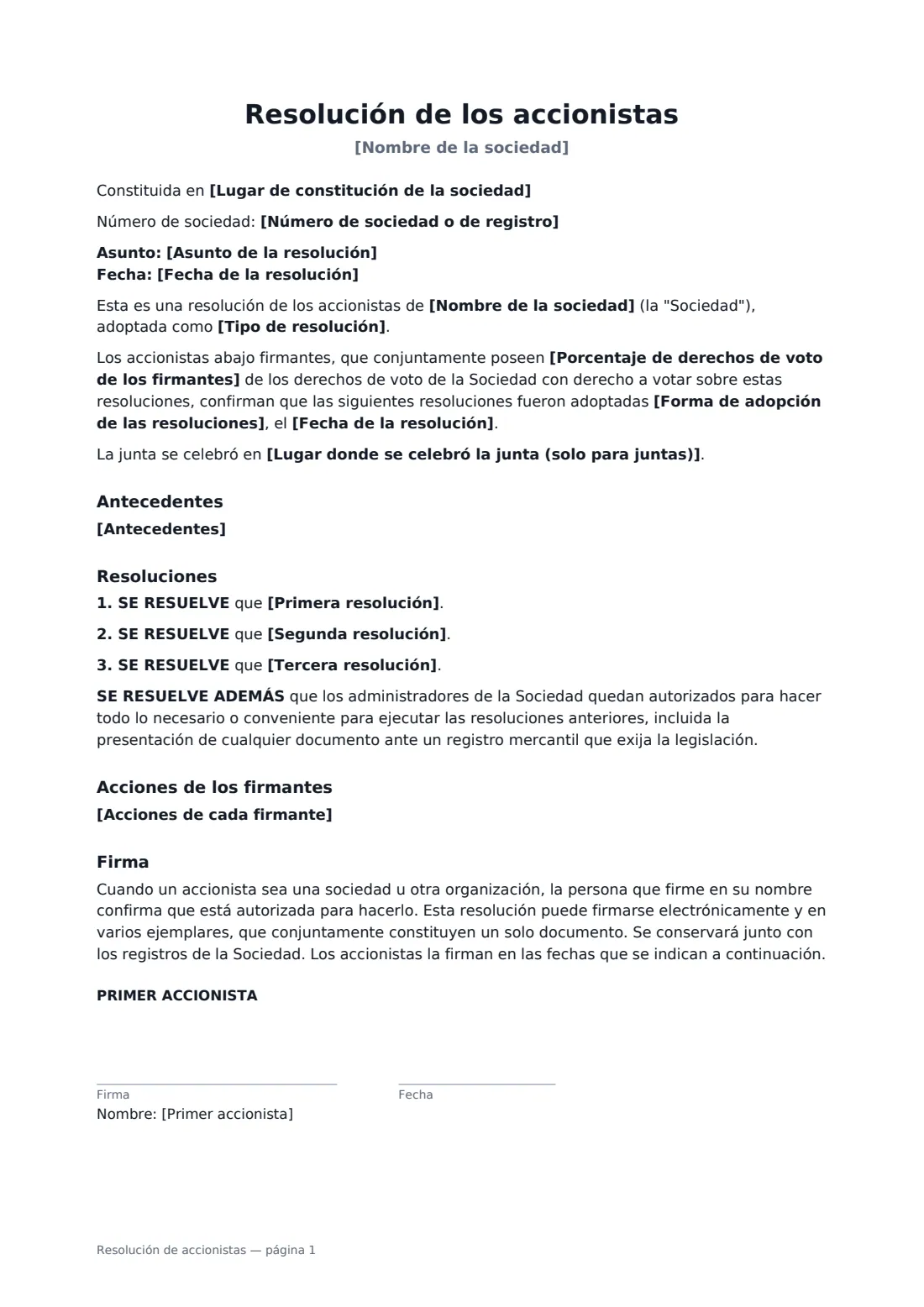 Resolución de accionistas: página 1 de 2