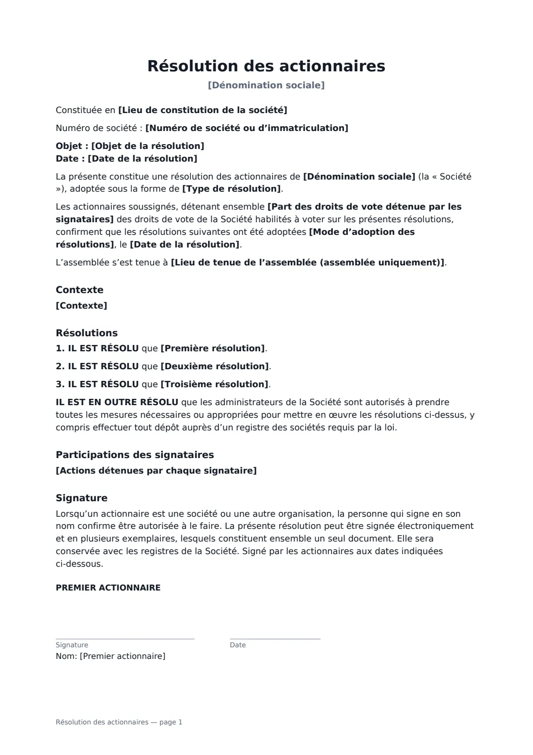 Résolution des actionnaires — page 1 sur 2