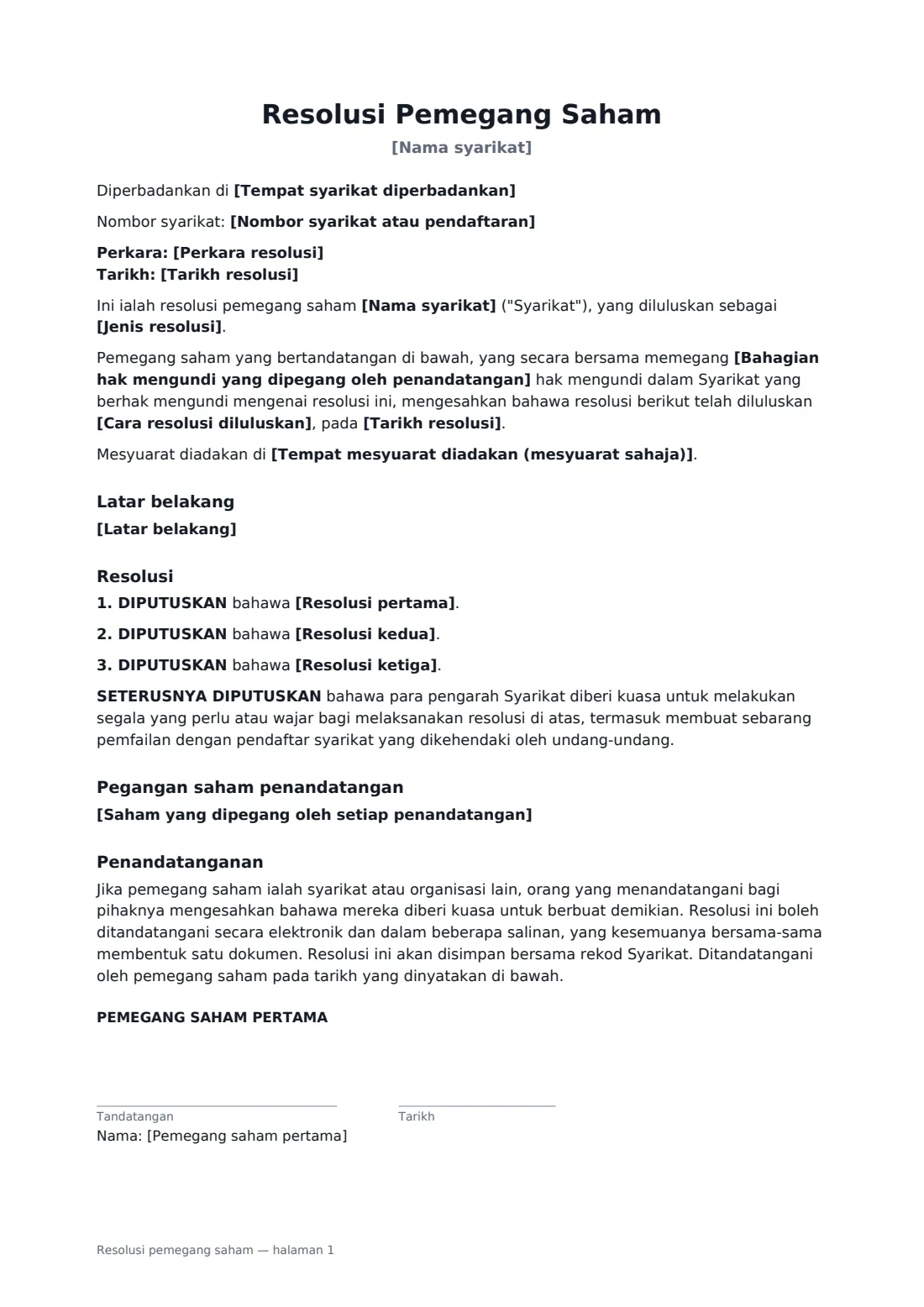 Resolusi pemegang saham — halaman 1 daripada 2