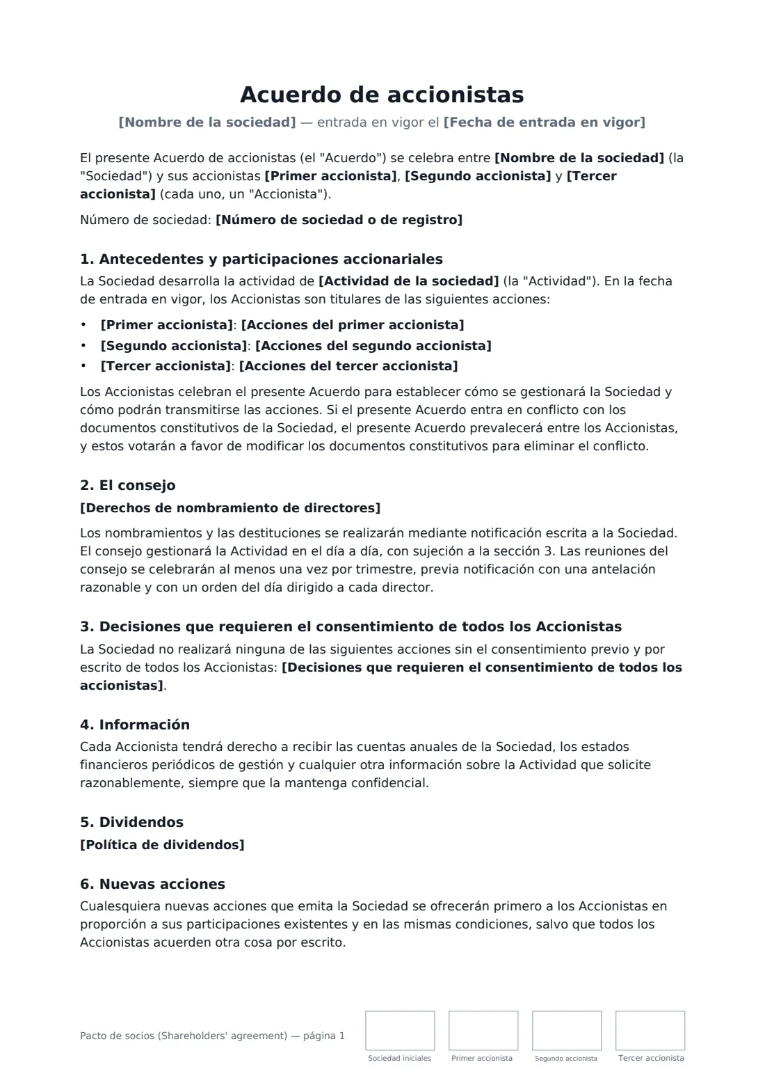 Pacto de socios (Shareholders' agreement): página 1 de 3