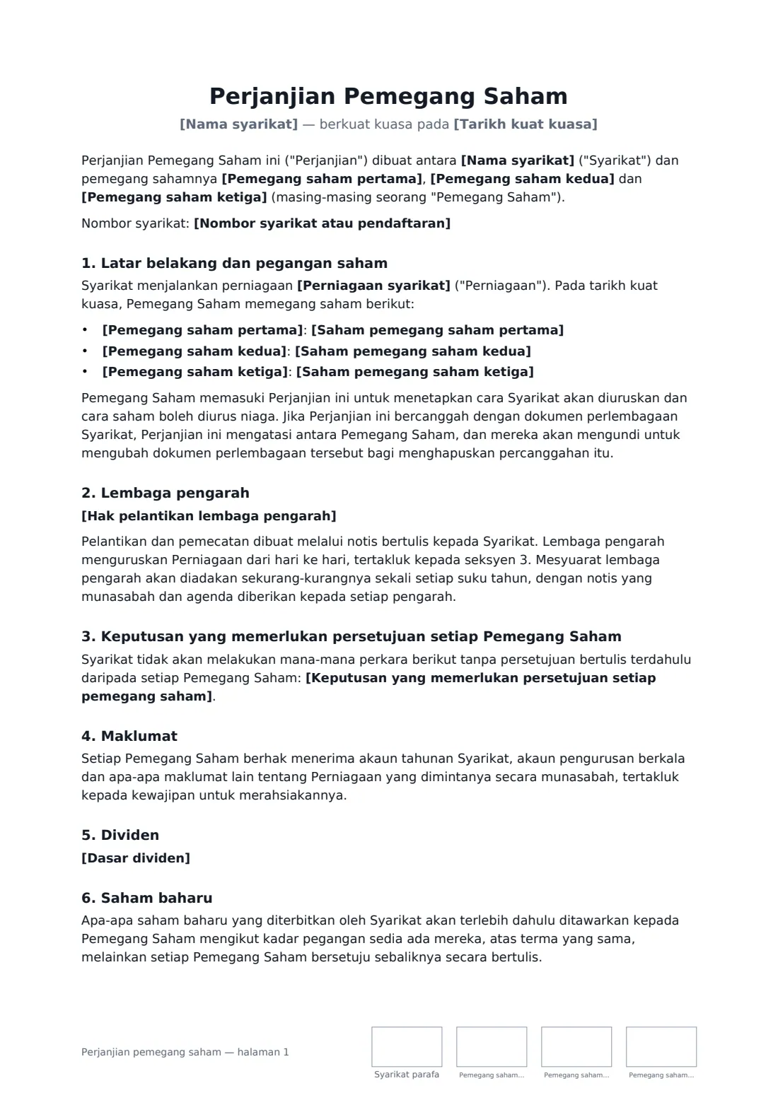 Perjanjian pemegang saham — halaman 1 daripada 3