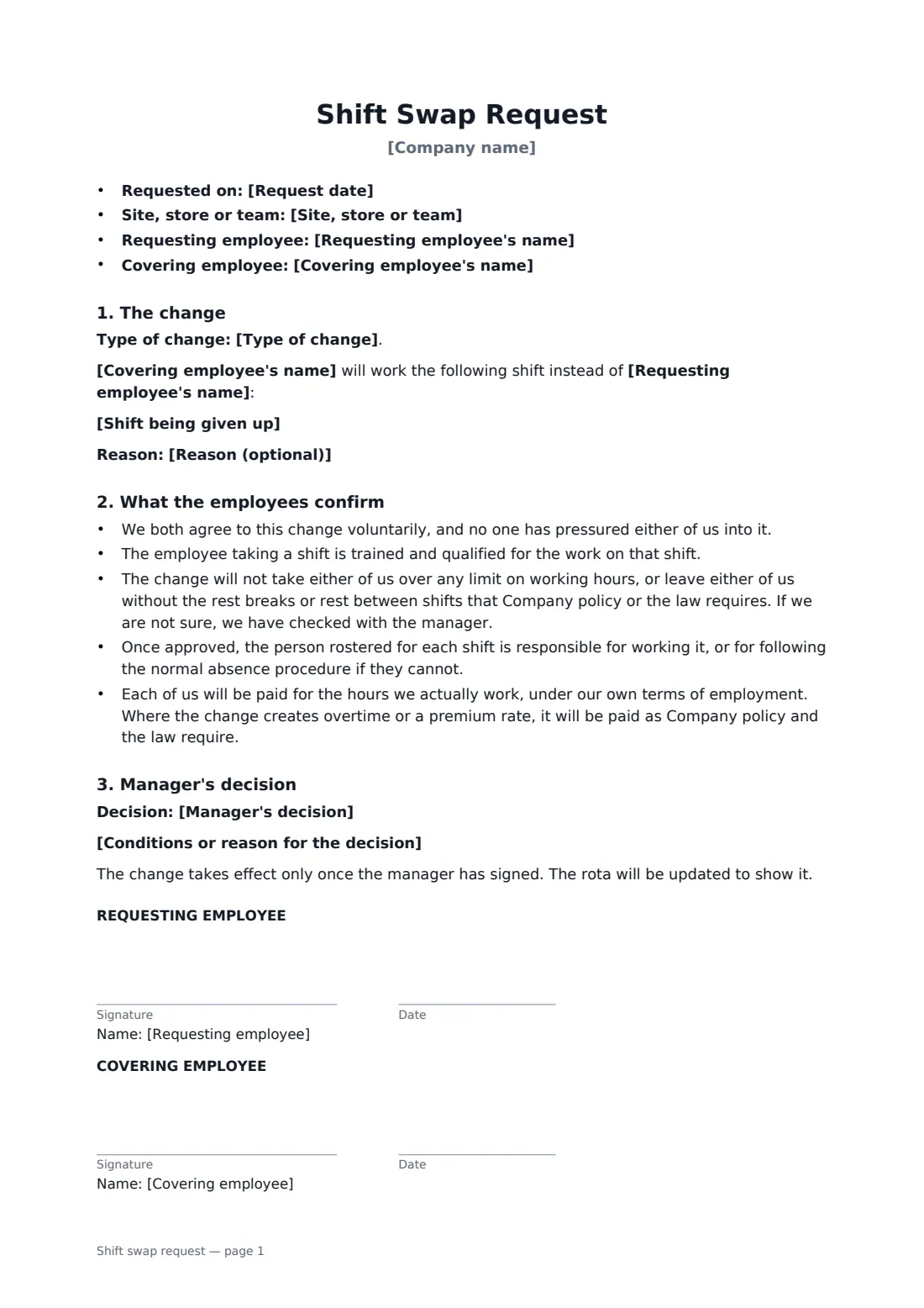 Shift swap request — page 1 of 2