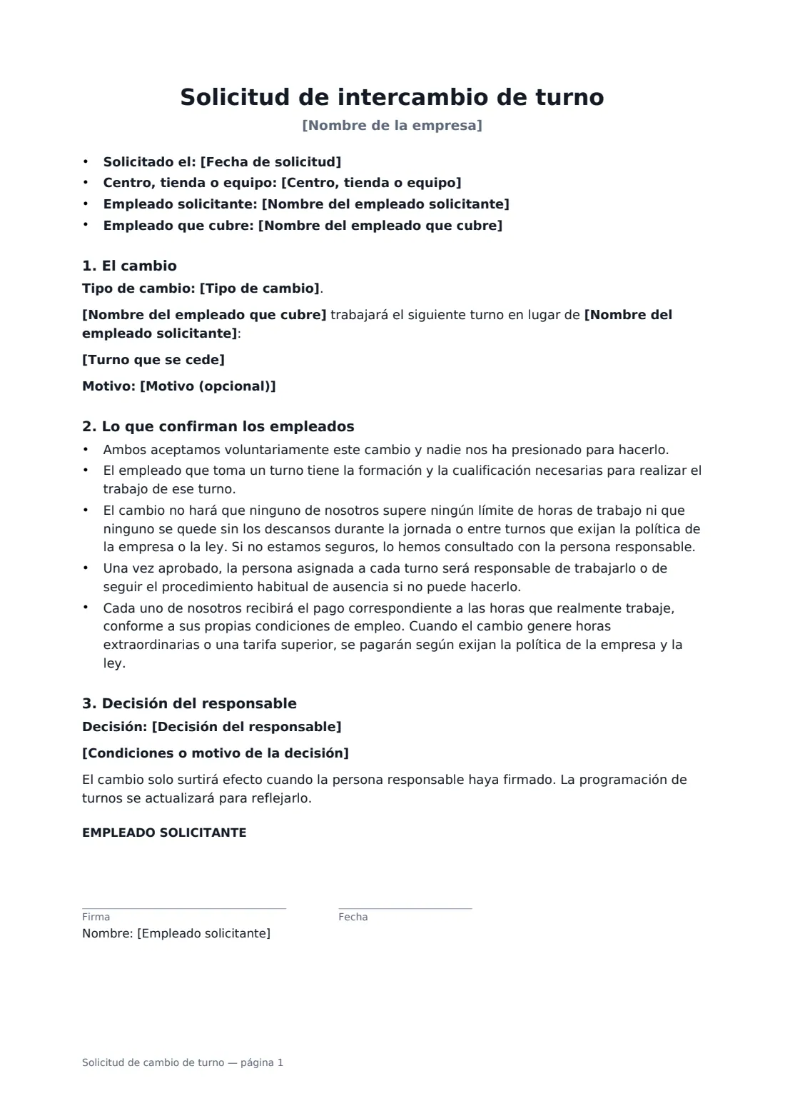 Solicitud de cambio de turno: página 1 de 2