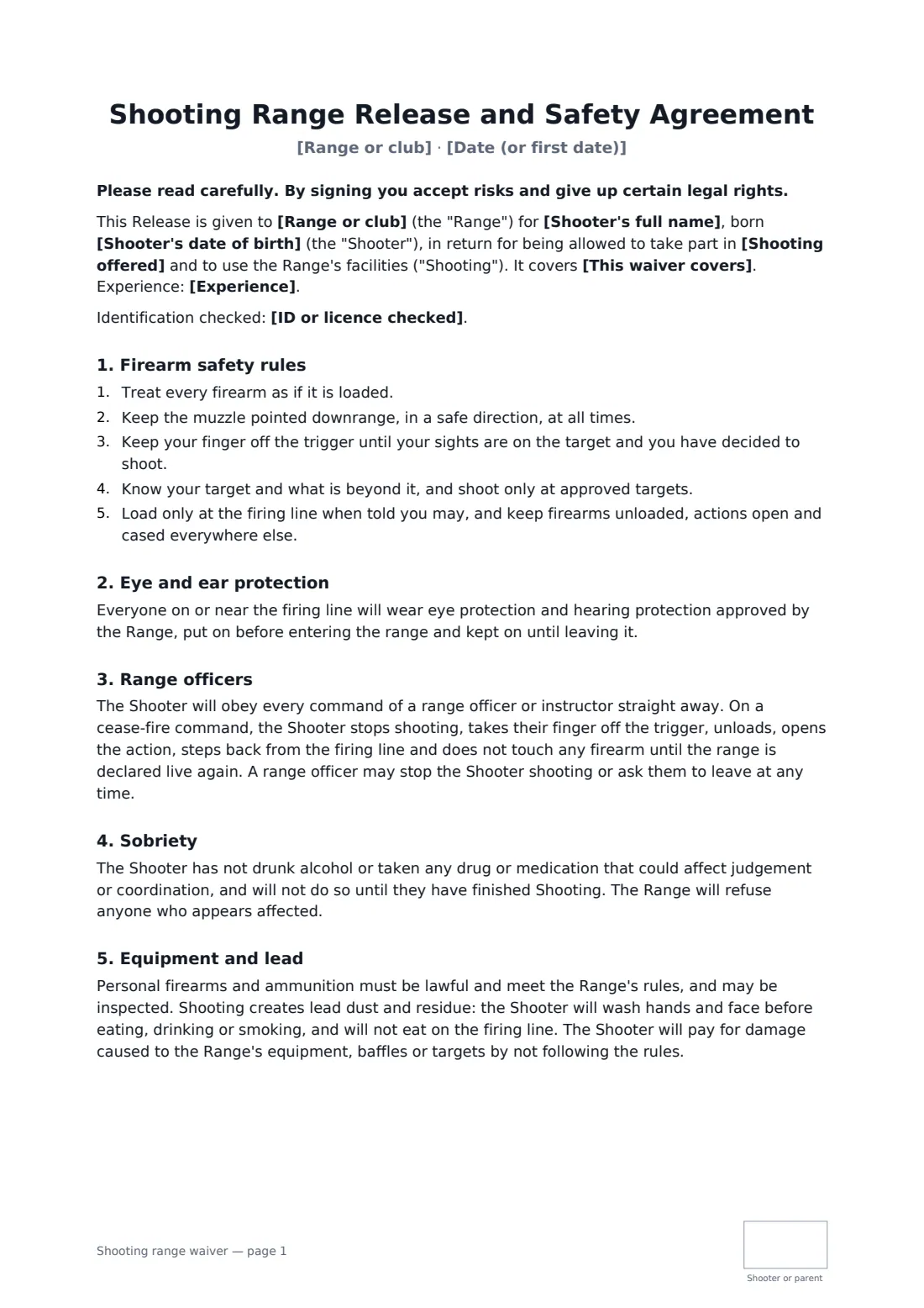 Shooting range waiver — page 1 of 2