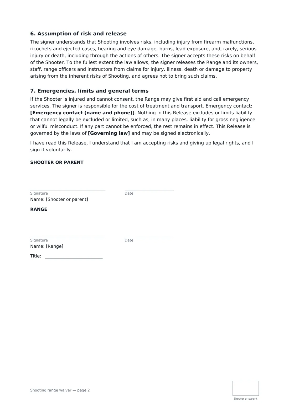 Shooting range waiver — page 2 of 2