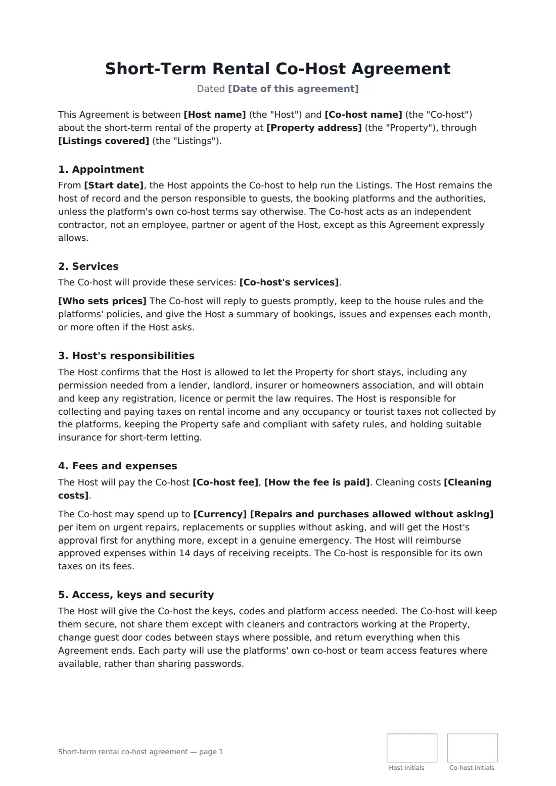 Short-term rental co-host agreement — page 1 of 2