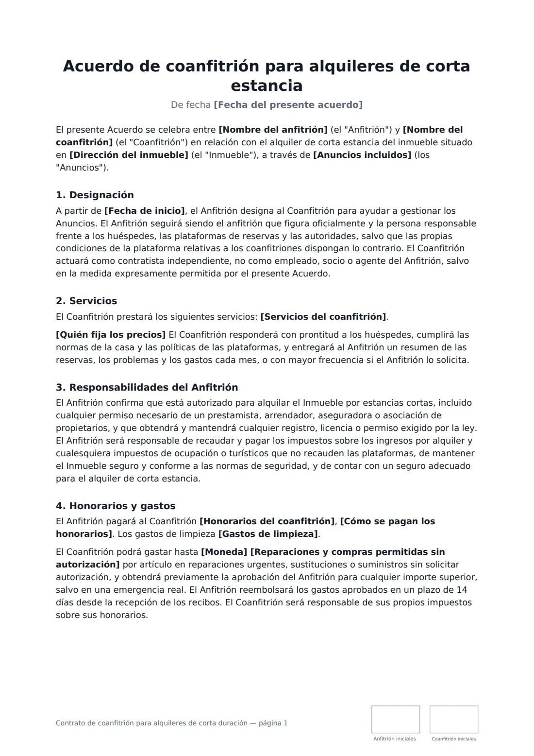 Contrato de coanfitrión para alquileres de corta duración: página 1 de 3