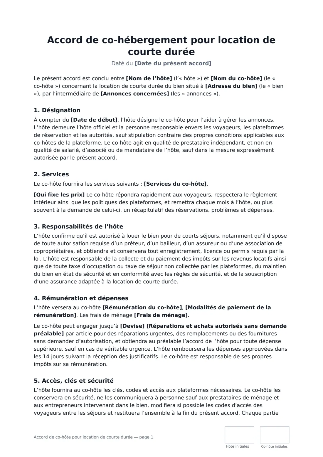 Accord de co-hôte pour location de courte durée — page 1 sur 2
