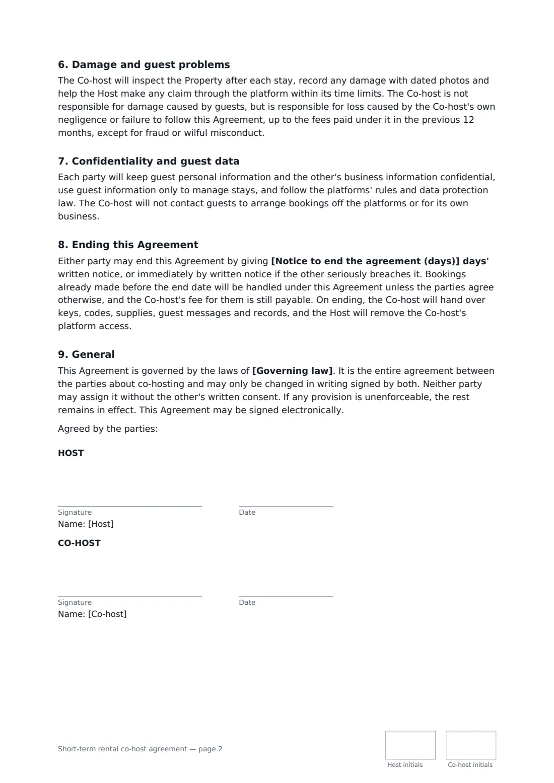 Short-term rental co-host agreement — page 2 of 2