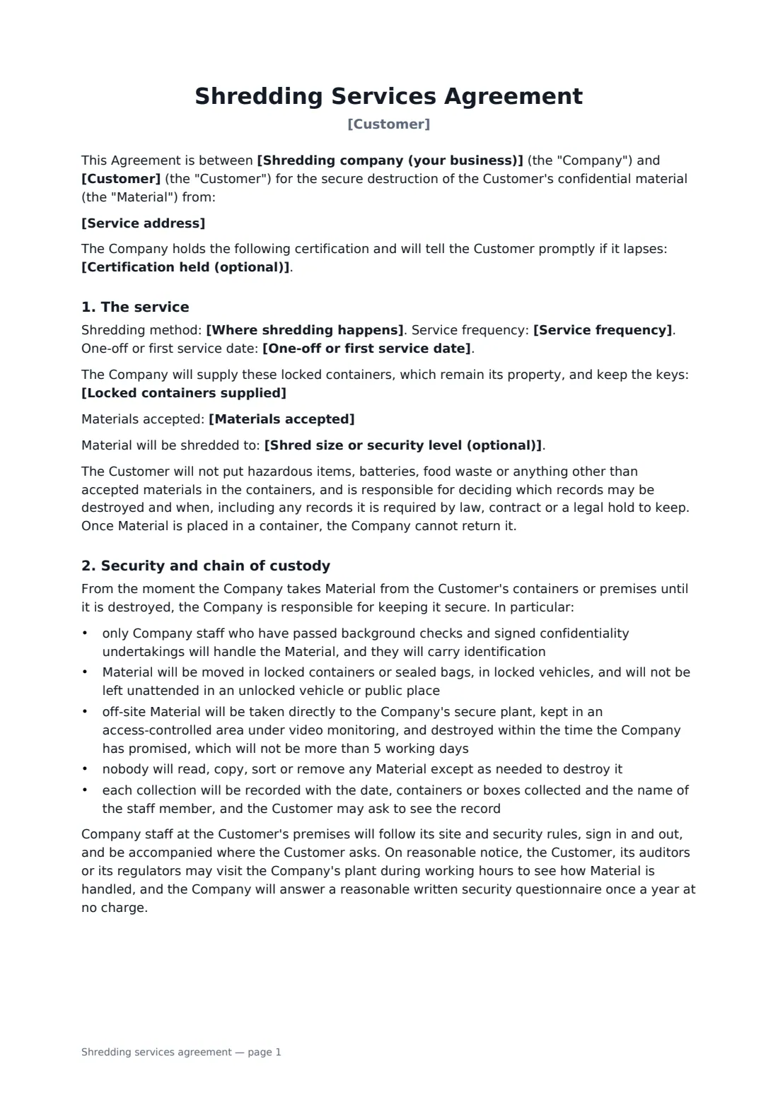 Shredding services agreement — page 1 of 3