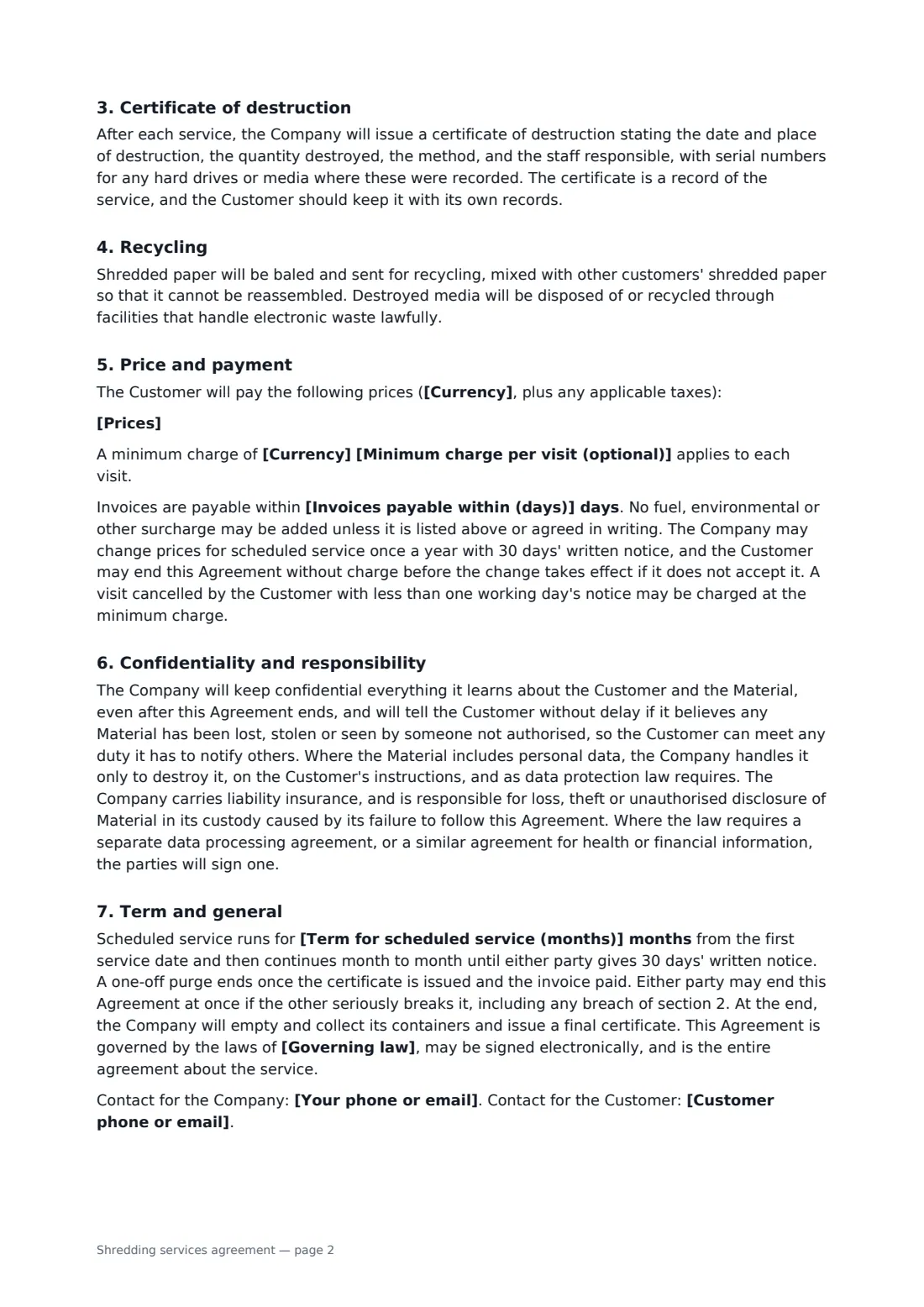 Shredding services agreement — page 2 of 3