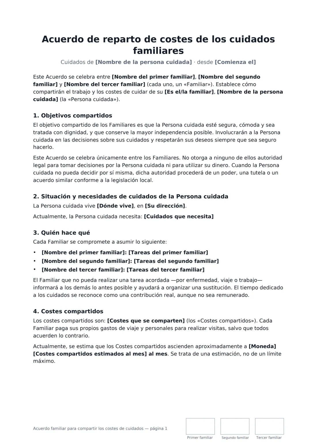 Acuerdo familiar para compartir los costes de cuidados: página 1 de 3