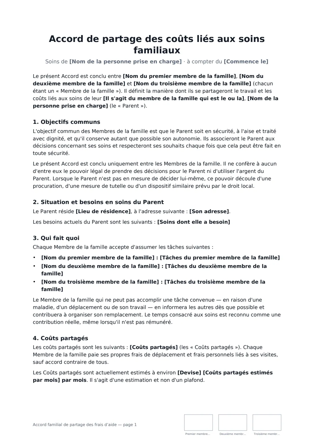 Accord familial de partage des frais d’aide — page 1 sur 3