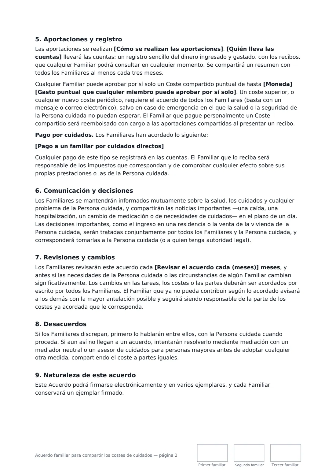 Acuerdo familiar para compartir los costes de cuidados: página 2 de 3