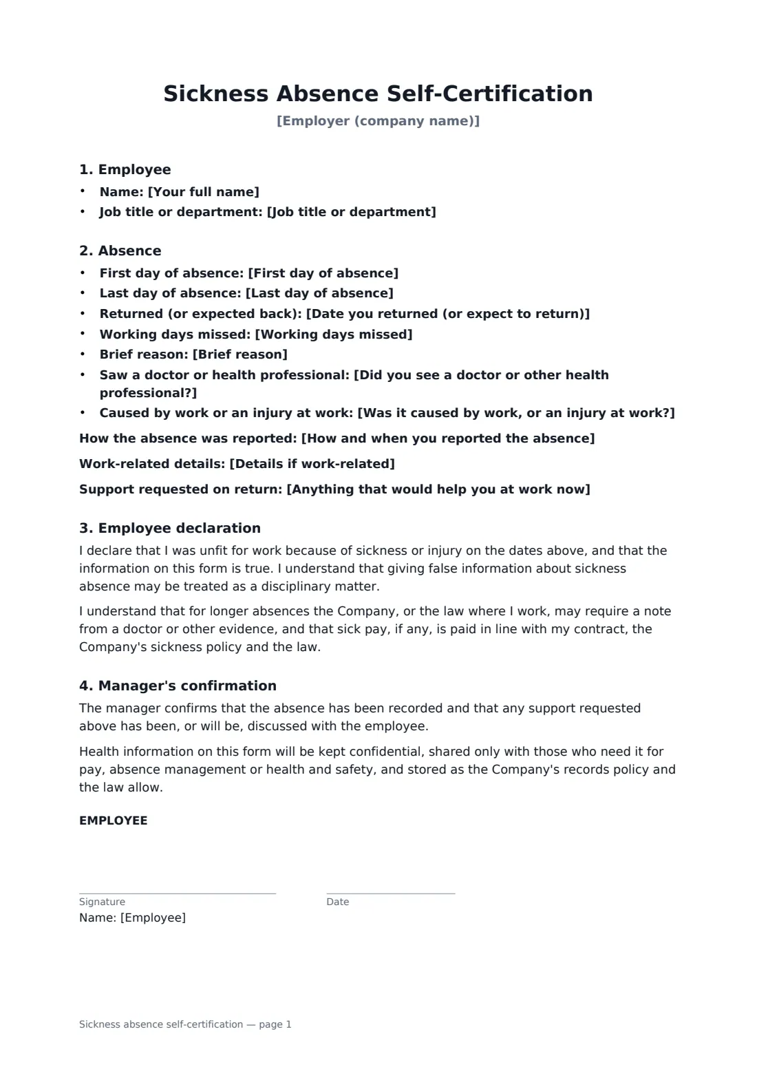 Sickness absence self-certification — page 1 of 2